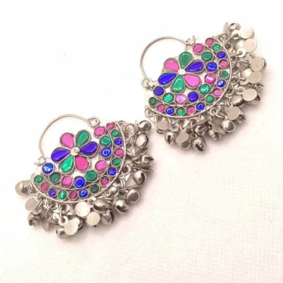 Silver Glass Stones Earrings, Tribal Kuchi Earrings, Hoop Earring, Boho BellsEar - Picture 3 of 6